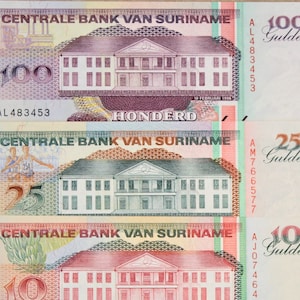 Suriname 5/10/25/100 Gulden Währung Geldscheine 4 Stk. 1991-1998 UNC,- altes Papiergeld - Ausländische Welt Banknoten - Sammlung Papiergeld.