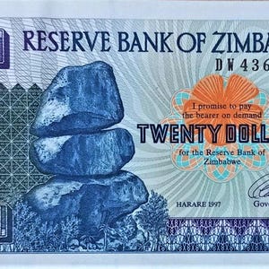 Banconota da 20 dollari dello Zimbabwe del 1997 UNC. Vecchia carta moneta, banconote straniere - Collezione di carta moneta. Regali per lui.
