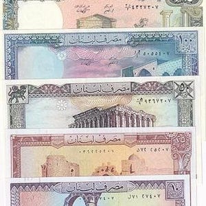 Libanon 1/5/10/25/50/100/250 Livres, 7 Teile Währung Geldschein altes Papiergeld 1964-1988 UNC. Ausländische Welt Banknoten, Sammlung Papiergeld.