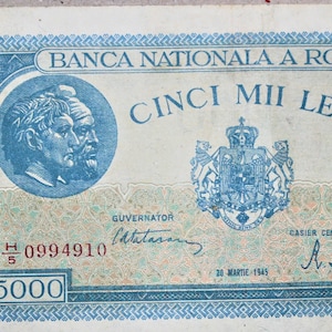 Banconota da 5000 Lei in Romania del 1945 da F a VF. - vecchia carta moneta, banconote straniere - collezione di carta moneta - regali per lui.