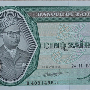 Zaire 5 Zaires. Zairean Currency banknotes 1972-1977 UNC. old paper money. Foreign World Banknotes - Collection Paper Money.- gifts for him.