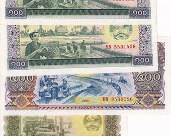 2 LAOS ND UNC 20 Kip Banknote P- 28a 1979 Tank,soldiers,boats.Textile factory 