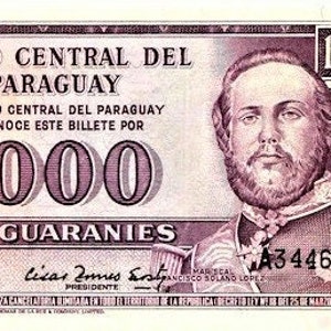 Paraguay 1.000 Guarani currency Bankote 1952 (1982) UNC.- old paper money , Foreign World Currency/Banknotes - Collection Paper Money. gift.