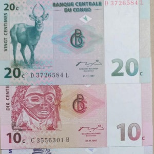 Kongo 05.01.20 Francs Währung Banknoten 4 Stk. 1997 UNC. altes Papiergeld, Fremde Welt Banknoten - Sammlung Papiergeld.Geschenke für Ihn.