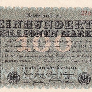 Banconota da 100 milioni di marchi del Reich tedesco del 1923 UNC-XF. - Vecchia carta moneta - Valuta/Banconote del mondo straniero -- regali per lui.