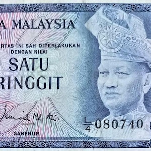 Banconota da 1 Ringgit malese 1967-72-91 VG-F.- Vecchia carta moneta, Banconote del mondo straniero - Collezione Carta moneta .-regali per lui-.