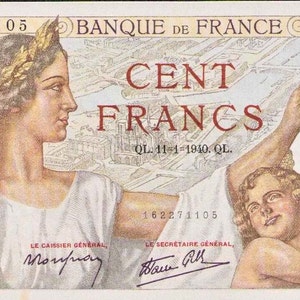 Frankreich 100 Francs Geldschein 1940 F-VF.- Altes Papiergeld, Ausländische Welt Banknoten- Sammlung Papiergeld-Geschenke für Ihn.