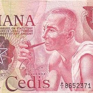 May include: A ten Cedis banknote from Ghana, featuring a portrait of a man smoking a pipe. The note includes text such as "Bank of Ghana", "Ten Cedis", and the date "2nd Jan 1977". The dominant colors are red and pink.