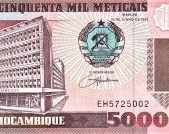 Billete de 50.000 Meticales de Mozambique, 1994 UNC. - papel moneda antiguo, Billetes extranjeros del mundo - Papel moneda de colección. regalos para él.