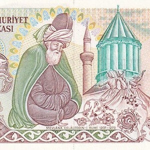 Banconota da 5.000 lire Türkiye Mevlana del 1985 XF-UNC. Vecchia carta moneta, banconote straniere - Collezione di carta moneta. Regali per lui.