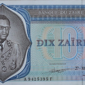 Zaire 10 Zaires. Zairean Currency banknotes, 1972-77 UNC. old paper money. Foreign World Banknotes - Collection Paper Money.- gifts for him.