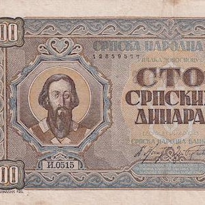 Banconota da 100 Dinara del Regno di Jugoslavia, Serbia, 1943, F-VF. - Vecchia carta moneta - Banconote straniere - Collezione di carta moneta.