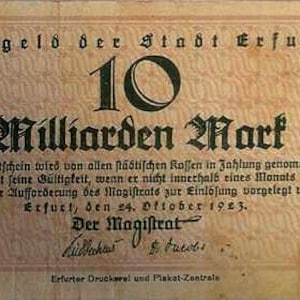 Germany Notgeld Stadt Erfurt 10 Billion Mark 1923 G,- . Notgeld - Altes Papiergeld.-