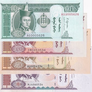 Banconota della Mongolia 10/20/50/100 Tugrik, 4 pezzi, 1993 UNC. - Vecchia carta moneta, Banconote straniere - Collezione di carta moneta.