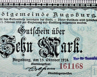 Germany Notgeld Stadt Augsburg 10 Mark 1918 UNC The house where Wilhelm Busch was born. Emergency Money - Old Paper Money.-