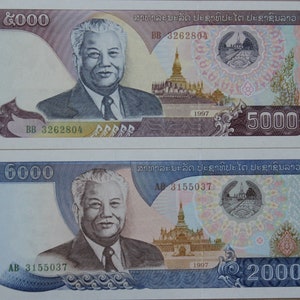 Banconota Laos 2000/5000 Kip 2 Pz. 1997-2003 FDC.-Vecchia cartamoneta, Banconote del mondo estero, Collezione Cartamoneta. regali per lui.