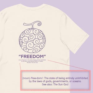 Minimalistisk One Piece Devil Fruit Freedom Tee, Pirate Adventure Gift, Anime-tröja