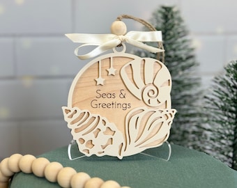 Seas and Greetings Seashell Acrylic and Wooden Ornament | Beach Ornament | Christmas Ornament | Ornament Exchange | Personalization Avail