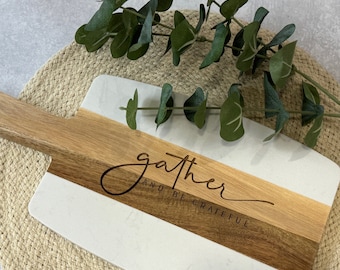 Gather and Be Grateful Cutting Board | Acacia Wood & Marble Cutting Board | Kitchen Decor | Serving Board | Housewarming Gift | Wedding Gift