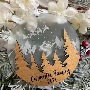 Personalized Winter Scene Etched Ornament | Santa&#39;s Sleigh Ornament