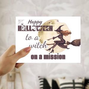 Cartão de Halloween para imprimir, bruxa em uma missão, faça você mesmo, cartão de véspera de Todos os Santos, cartão de última hora para menina, PDF, JPG, 5x7, em branco, impressão retrô em casa