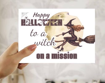 Halloween Karte Druckbare Hexe auf Mission DIY All Hallows Eve Card Last Minute Karte für Mädchen PDF JPG 5x7 Blanko Innenseite Retro Print zu Hause