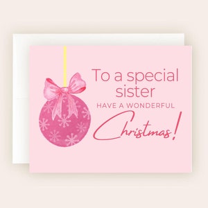 Linda tarjeta navideña rosa imprimible para una hermana especial Descarga digital Tarjeta de felicitación navideña de 5x7 con adornos y moño Tarjeta para ella
