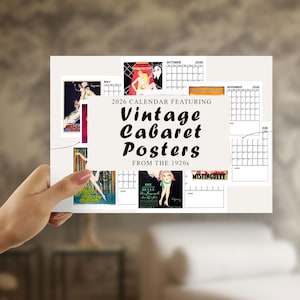 Calendario planificador de cabaret vintage 2026 para imprimir, 12 meses, bailarinas de la década de 1920, inicio domingo y lunes, tamaño carta y A4, archivos PDF y Jpg.