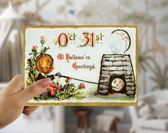 Vintage Halloween-kaart 1910, afdrukbare pompoen All Hallows Eve-kaart, Last Minute Card, Retro Print at Home-kaart, pdf JPG 5 x 7 blanco binnenkant