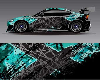 May include: A teal and black sports car with a geometric design. The car features a spoiler and custom wheels. The design includes teal triangles, black splatters, and gray lines. The car is set against a gray background.