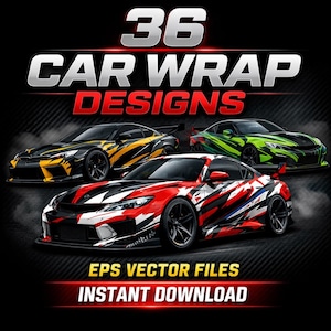 Può includere: Immagine di tre auto sportive con design di wrapping. Le auto sono nere, rosse e verdi, ognuna con audaci motivi grafici in giallo, bianco e nero. Il testo in alto recita "36 CAR WRAP DESIGNS", con "EPS VECTOR FILES" e "INSTANT DOWNLOAD" in basso.