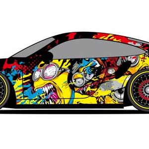 Könnte beinhalten: Stilisierte Illustration eines Sportwagens mit Graffiti-Design. Das Auto hat eine schwarze Basis mit farbenfrohen Akzenten in Rot, Gelb, Blau und Weiß. Die Räder haben rote und schwarze Details. Das Auto ist ein schlankes Design.