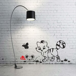 Calcomanía de pared de gato y ratón: calcomanía de vinilo divertida para la decoración del hogar y la oficina / Arte de pared con animales divertidos
