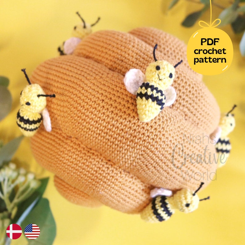 Beehive with small bees, crochet pattern, amigurumi, digital download image 1