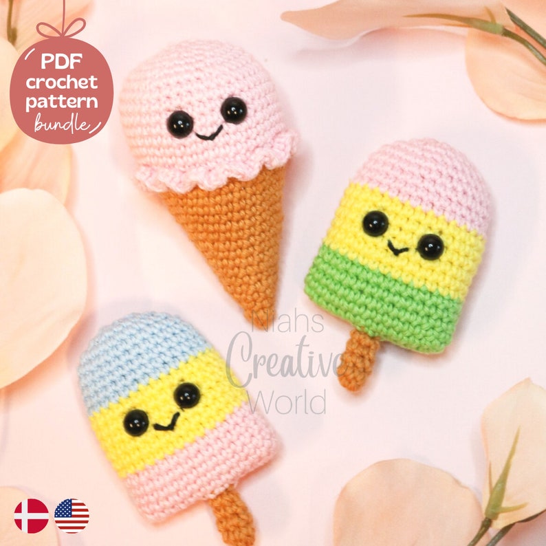 NO-SEW Ice Cream Cone Popsicle, amgiurumi crochet pattern bundle image 1