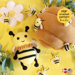 May include: Crochet bee and honeycomb pattern bundle. This digital download includes instructions for crocheting a cute bee and a honeycomb. The bee is yellow and black with a smiling face. The honeycomb is brown and has a textured surface. The pattern is available in both English and Danish.