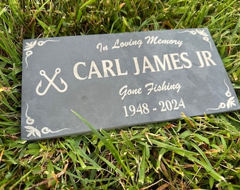 Memorial Stone Gray Slate for Fisherman, Personalized In Loving Memory Memorial Stone, Engraved Custom Memorial Plaque, Custom Grave Marker