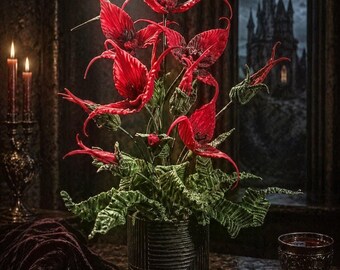 Orchidea Vampiro — Scultura floreale gotica realizzata a mano, 70 cm, decorazione di lusso per la casa in stile dark, opera d'arte unica, vaso in porcellana