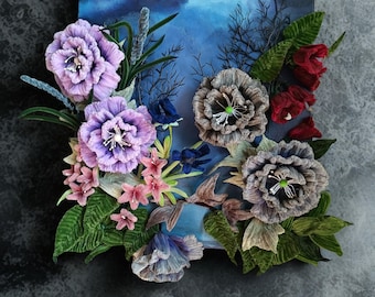 Night Garden Dark | Scultura murale in tessuto 3D, 1/1 Dark Academia Art