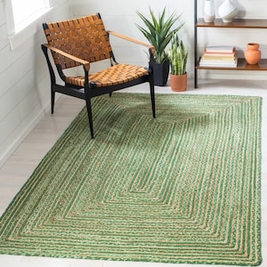 Handwoven Jute Braided Rug – Green with Natural Jute and Cotton Area Rug, Runner for Bedroom Living Room, Dining Room Rug, Eco-Friendly