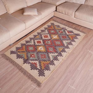 Modern Kilim Runner Rug: Beige, Black & Red Geometric Stripes