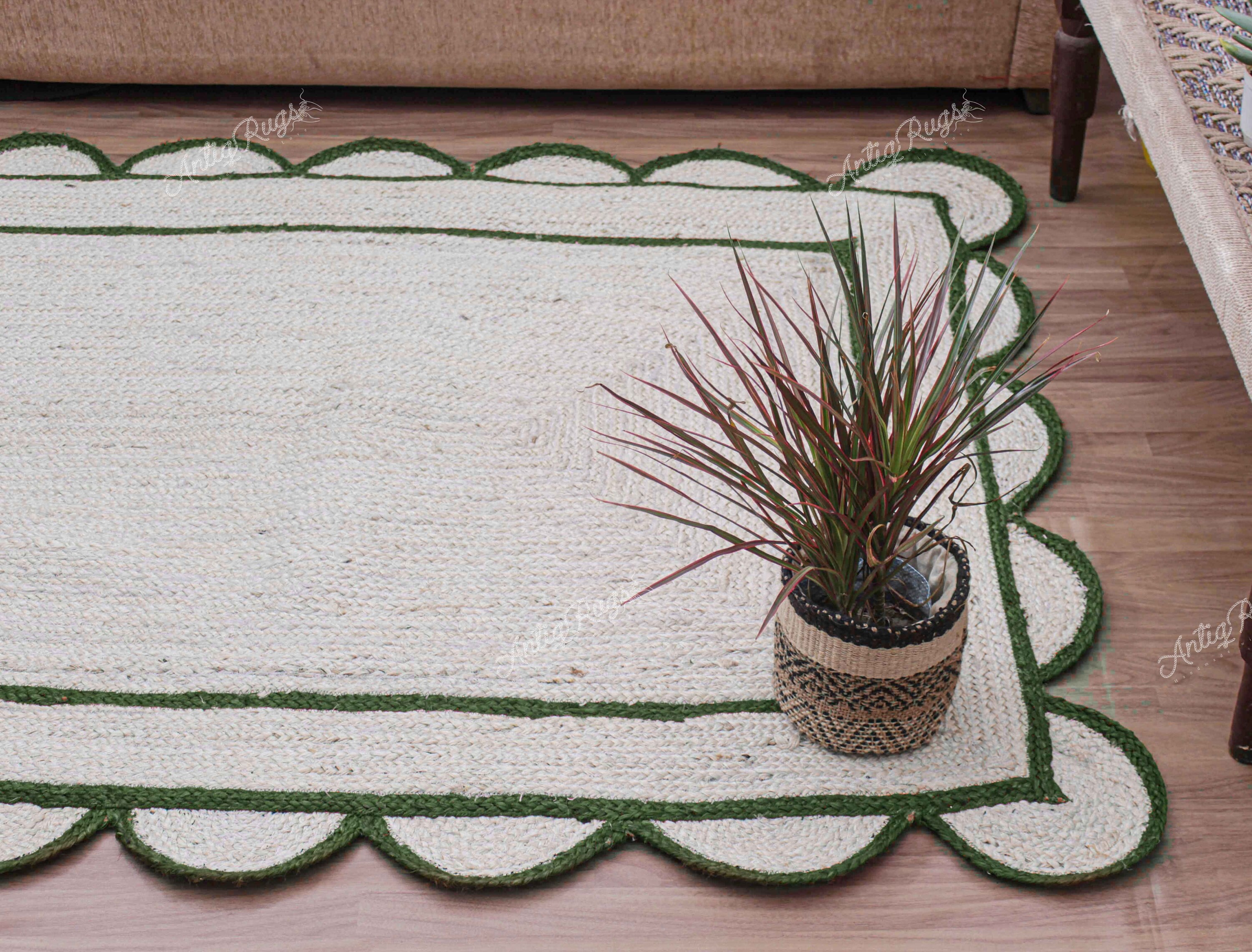 Hand Braided Jute Scalloped Rug,stripped Jute Runner, Bohemian Eco