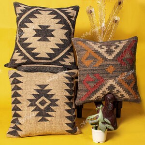 3 Set jute Vintage Kilim Pillow,Home Decor,Handwoven Turkish Pillow,Moroccan Pillow,Decorative Throw Pillow, Kilim Cushion Cover,Jute Pillow