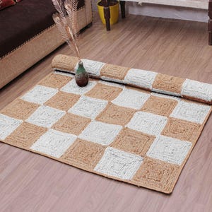 Braided Jute Rug: Grey Striped Boho Doormat, Custom Size & Color
