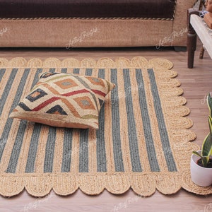 Braided Jute Rug: Natural Grey Striped Bohemian Area Rug