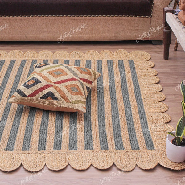 Custom Size/Color and Shape, Natural Jute Hand Braided Grey Stripped Jute Runner/Rug/Doormat, Bohemian Area Rugs, Home Decor Staircase