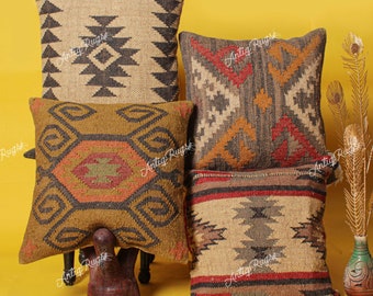 4 Set jute Vintage Kilim Pillow,Home Decor,Handwoven Turkish Pillow,Moroccan Pillow,Decorative Throw Pillow, Kilim Cushion Cover,Jute Pillow