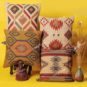 4 Set jute Vintage Kilim Pillow Home Decor Handwoven Turkish Pillow Moroccan Pillow Decorative Throw Pillow Kilim Cushion Cover Jute Pillow
