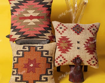 3 Set jute Vintage Kilim Kussen, Decor van het huis, Handgeweven Turks kussen, Marokkaans kussen, Decoratief sierkussen, Kilim Kussenhoes, Jute Kussen