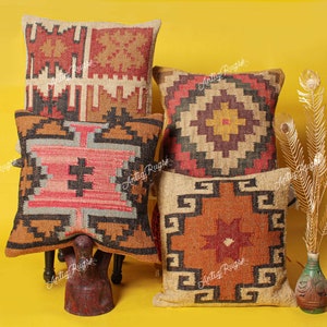 4 Set jute Vintage Kilim Pillow,Home Decor,Handwoven Turkish Pillow,Moroccan Pillow,Decorative Throw Pillow, Kilim Cushion Cover,Jute Pillow